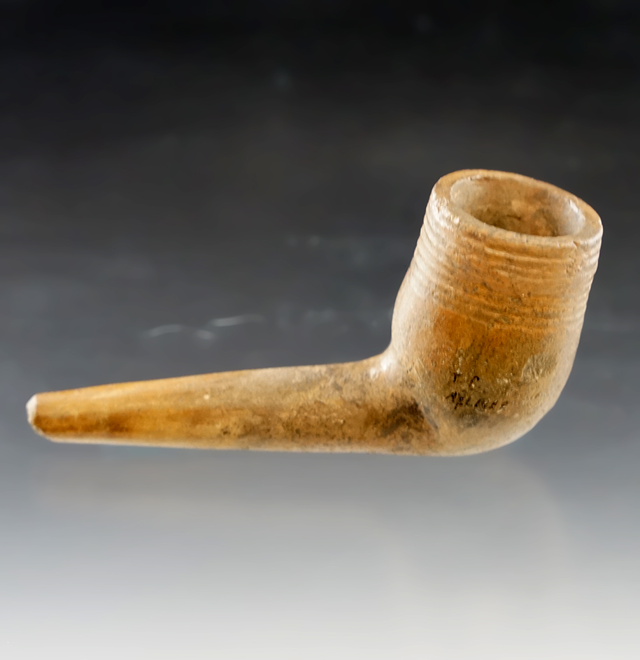 3" Nicely styled Owasco Obtuse Angle Basket Bowl Pipe. Broken & glued. Found in New York.