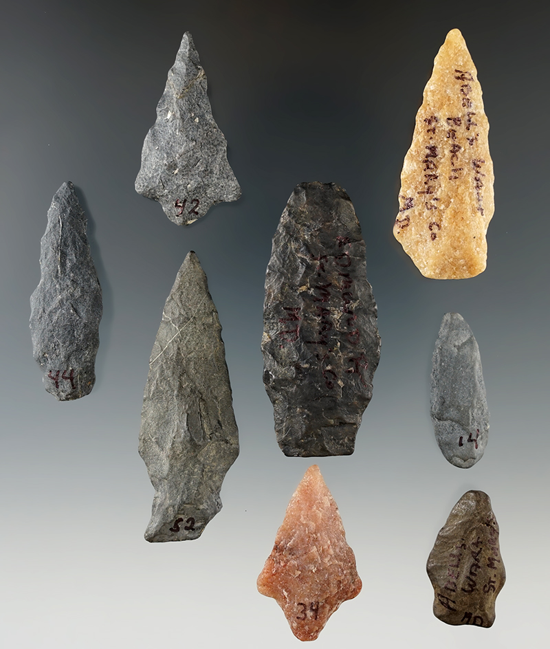 Group of eight assorted flaked artifacts, largest is 2 3/16". Found in St. Mary's Co., Maryland.