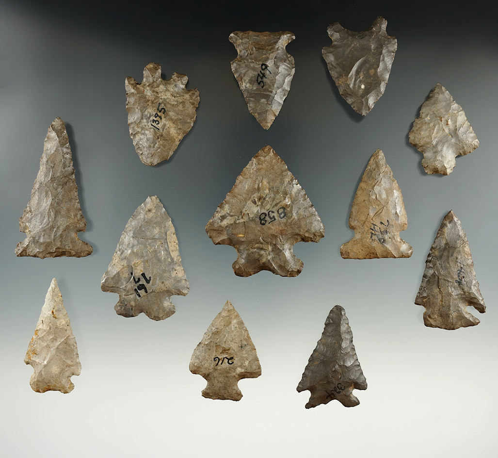 Group of 12 mostly Onondaga Flint points and knives found in New York, largest is 2 1/8".