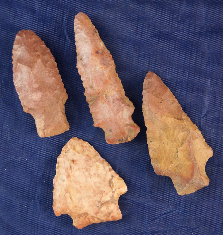 Set of four colorful ancient Indian Arrowheads found in Alabama, largest is 2 9/16".