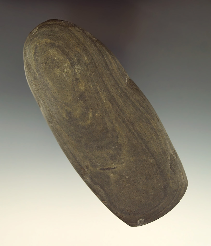 5 3/16" green banded slate Celt that is thin and nicely styled with a good bit  found in Michigan.