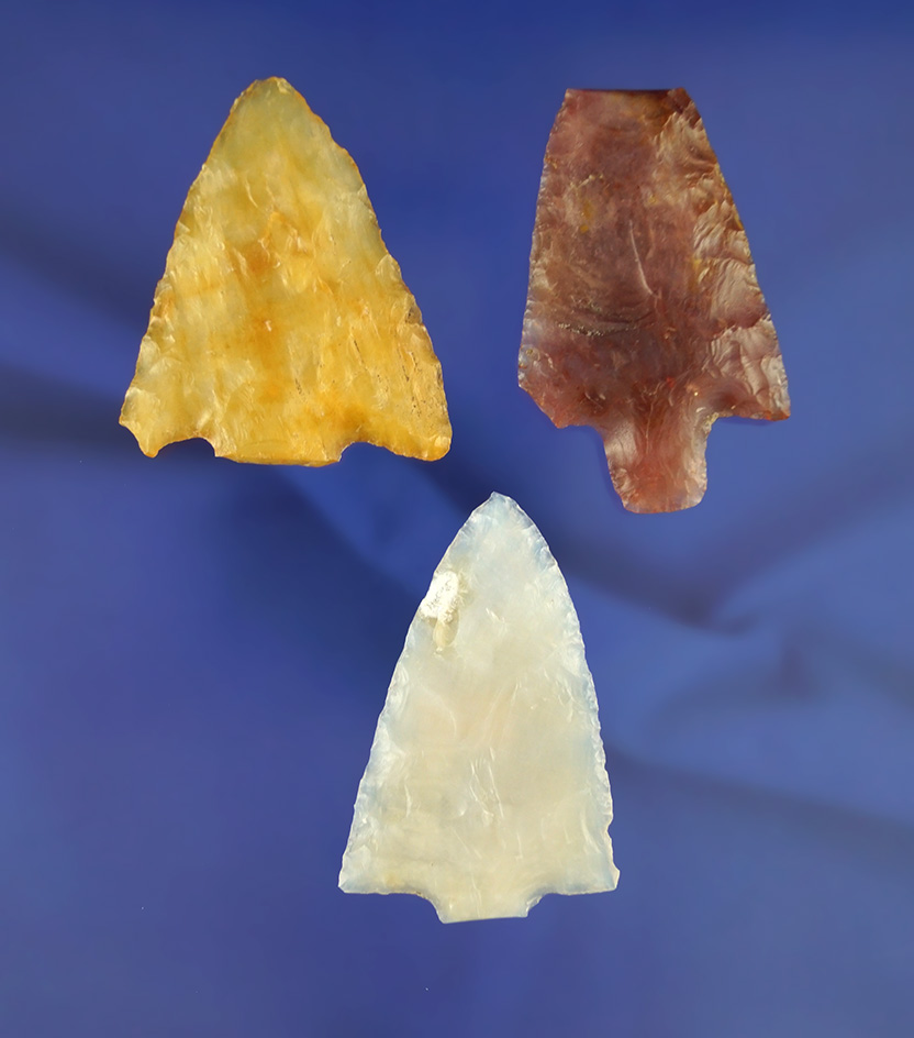 Set of three Florida arrowheads made from truly exceptional material, largest is 2 5/16".
