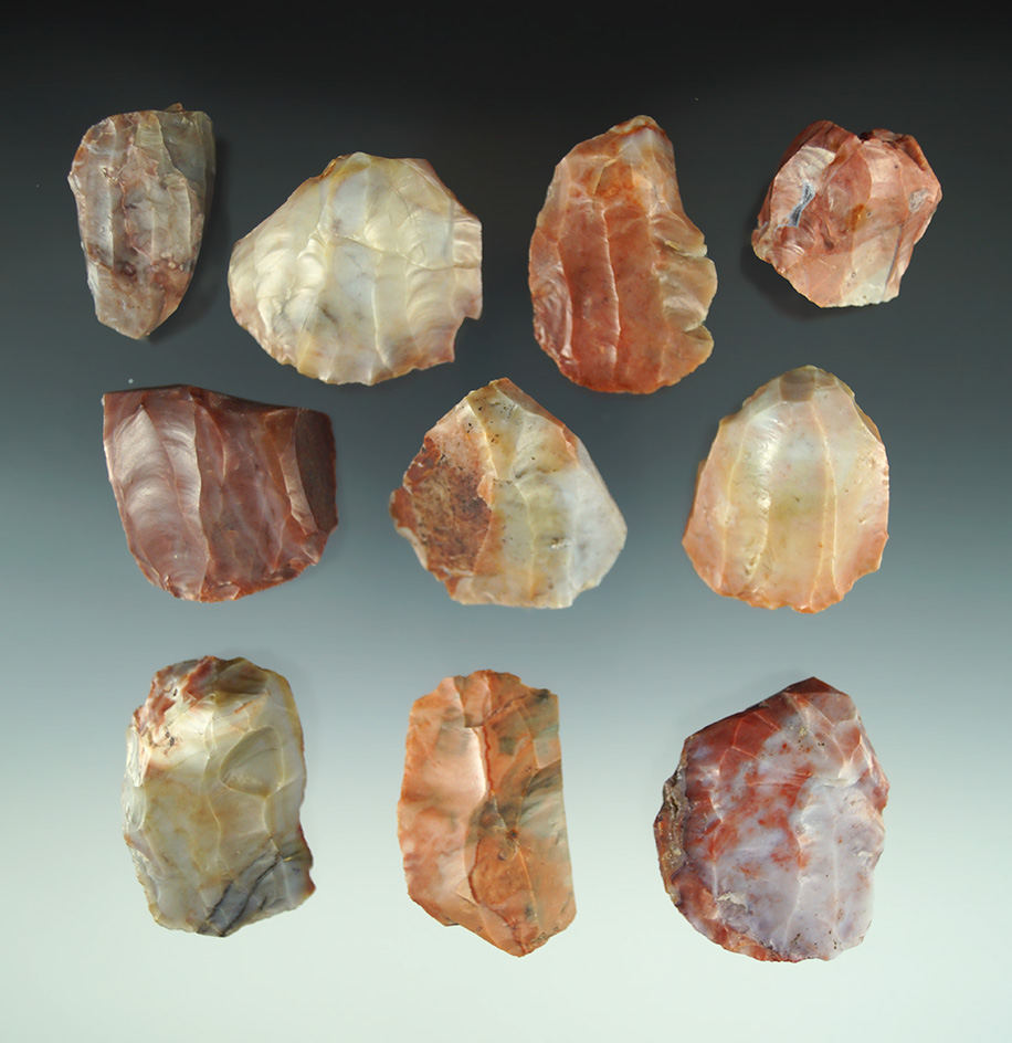 Set of 10 very colorful Flint Ridge Flint Hopewell Cores found in Ohio. Largest is 1 3/4".