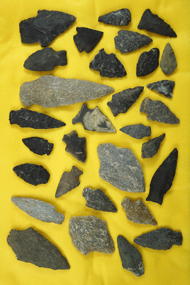 30+ assorted arrowheads and knives found in Burlington Co.,  New Jersey. Largest is 3 5/8".