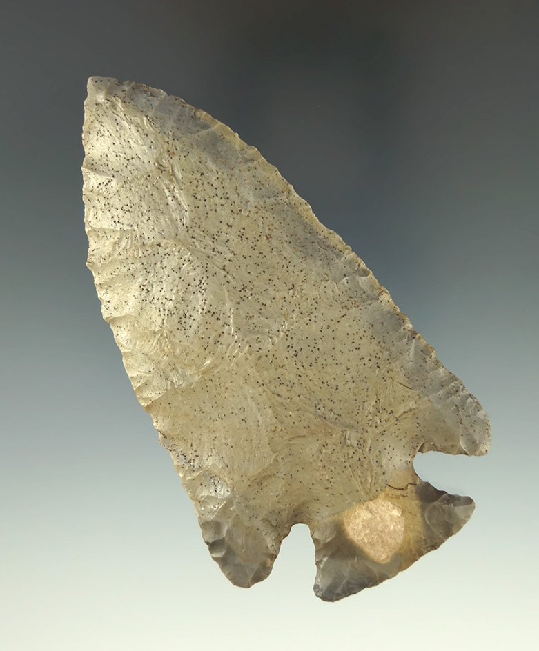 3 13/16" Archaic Cornernotch made from nicely patinated hornstone found in Clark Co.,  Indiana.