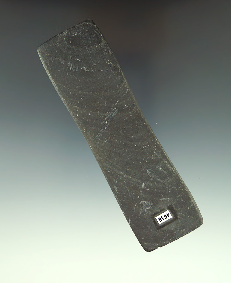 4 5/8" undrilled banded slate Gorget found in Ohio. Ex. Bill Tiel collection.