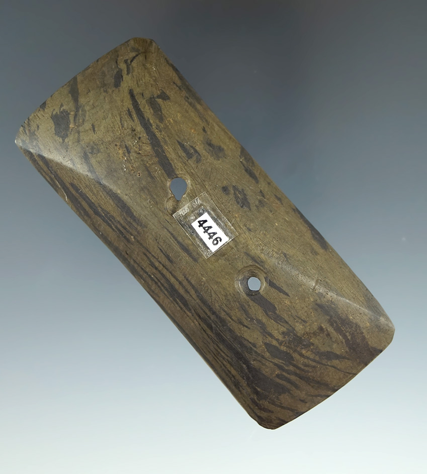 3 5/16" Semi Keeled Gorget found in Marion Co.,  Ohio made from nicely banded glacial slate.