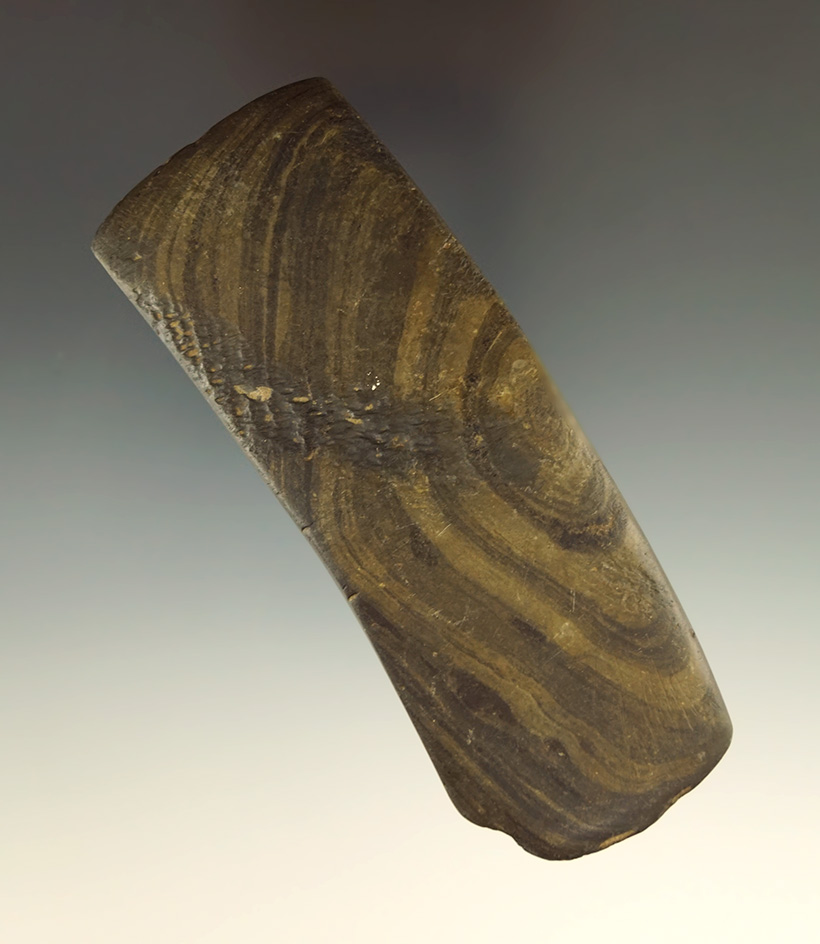Rare 4" Double Bit Axe Bannerstone - nicely patinated green banded slate - Preble Co.,  Ohio.