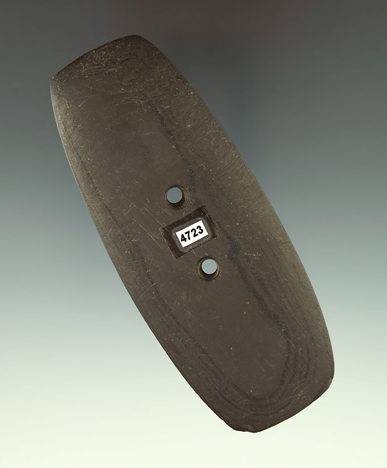 4 1/16" brown banded slate Gorget - Montgomery Co.,  Ohio. Ex. Kenny McNeil, Richard Shively.