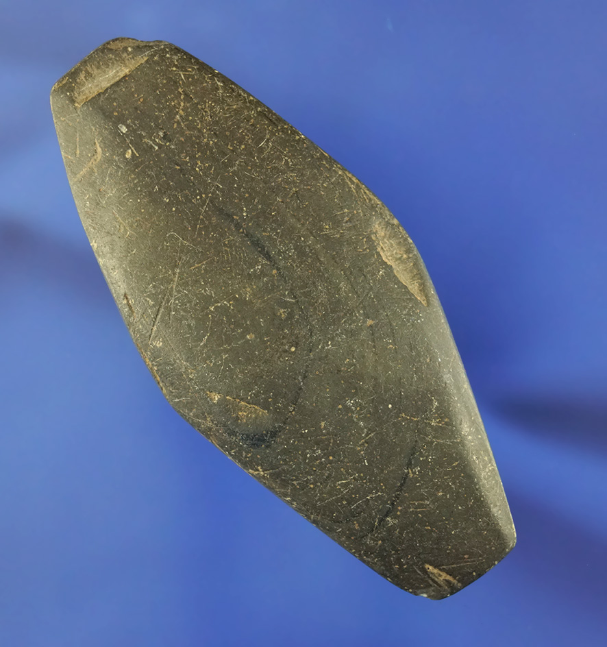 3 1/4" green glacial slate Adena Expanded Center Gorget with drilling just started. Allen Co.,  IN.