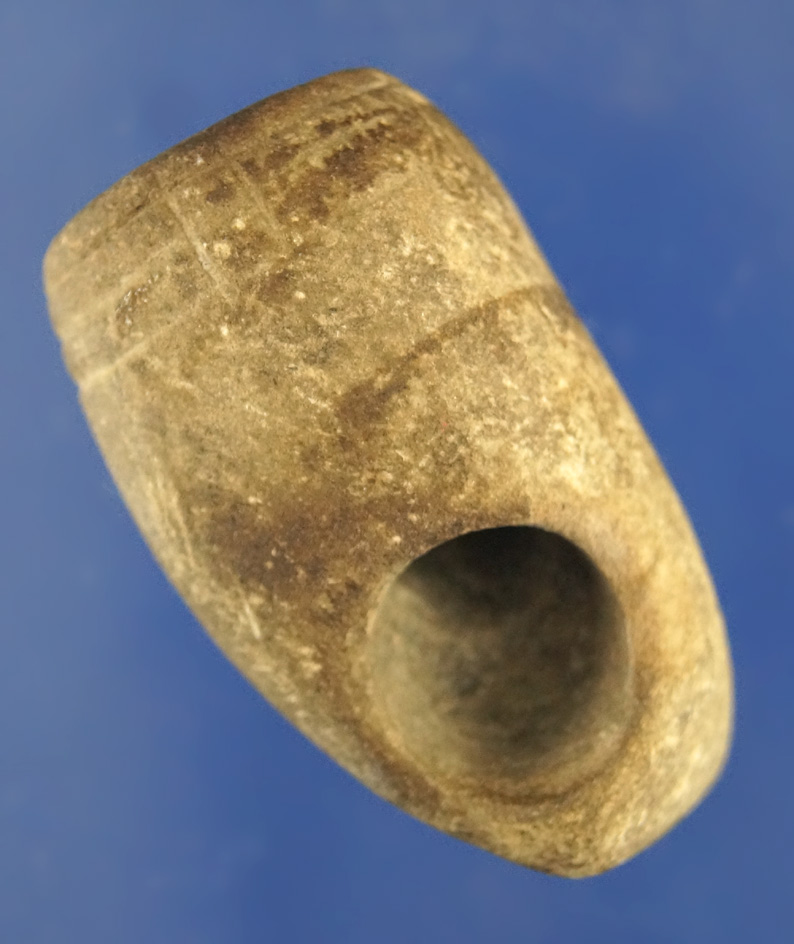 We’ll patinated 1 15/16" tall Sandstone Vase Pipe found in Michigan. Nice incised line engraving