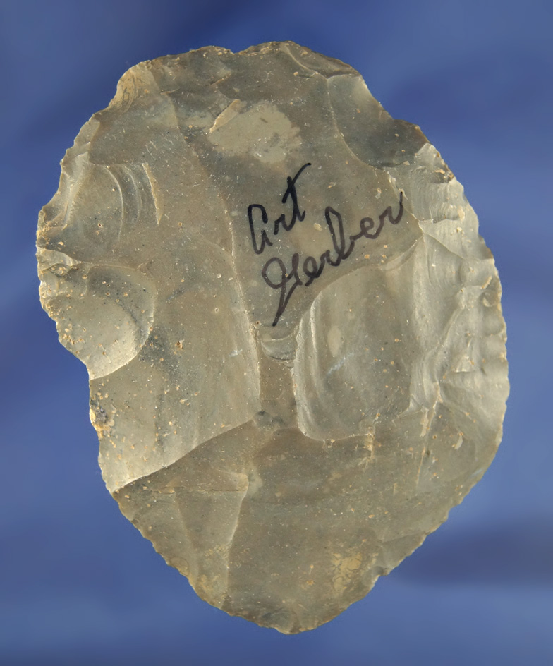 3 13/16" Hornstone Cache Blade found by Art Gerber at the Crib Mound, Spencer Co., Indiana. Signed