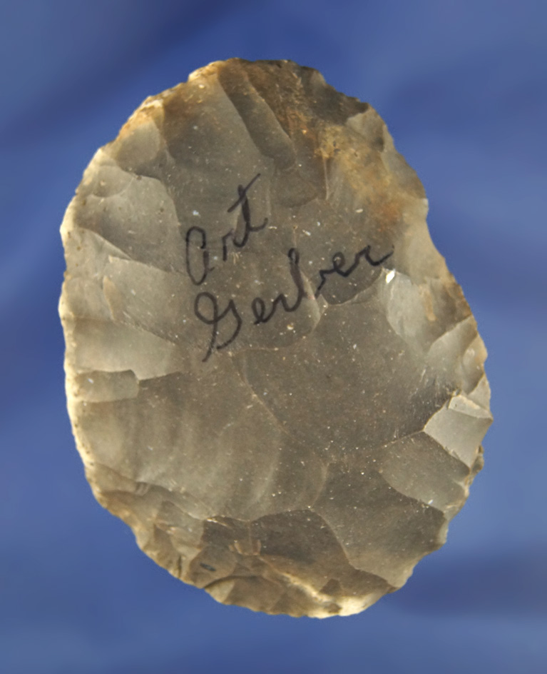 3 7/16" Hornstone Cache Blade found by Art Gerber at the Crib Mound, Spencer Co., Indiana. Signed