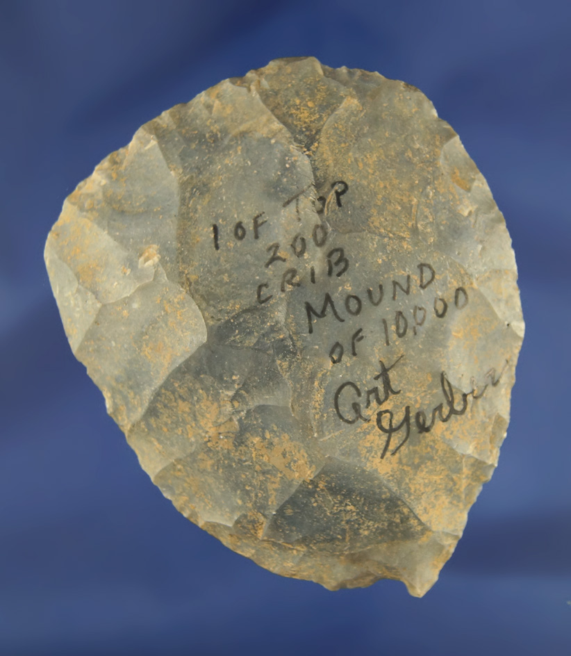 3 9/16" Hornstone Cache Blade found by Art Gerber at the Crib Mound, Spencer Co., Indiana. Signed