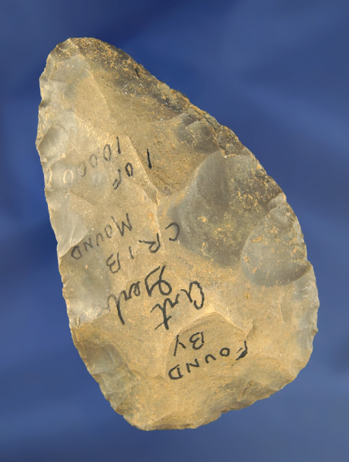 4 1/8" Hornstone Cache Blade found by Art Gerber at the Crib Mound, Spencer Co., Indiana.