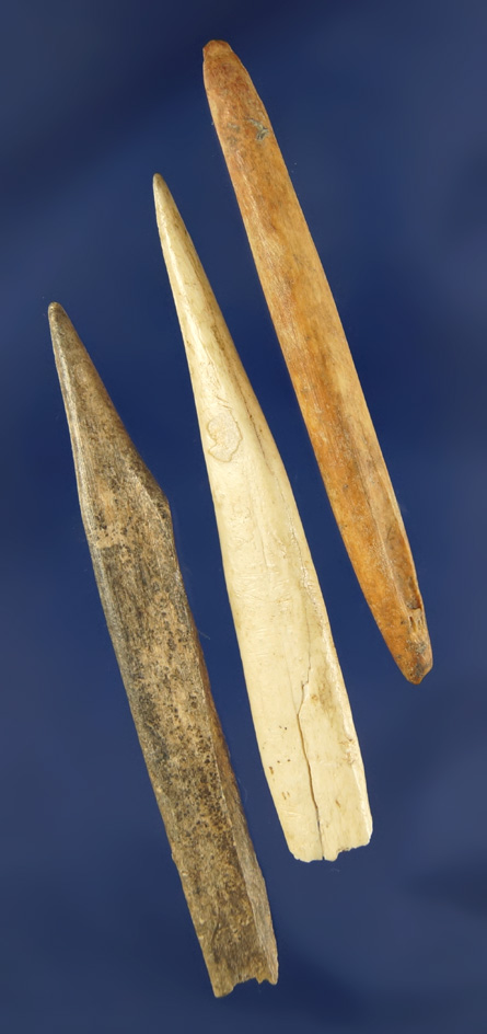 Set of three bone Projectile Points, largest is 3 1/16" found in Illinois.