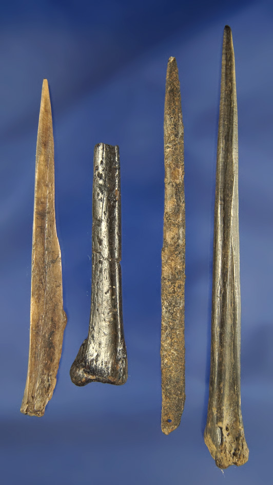 Set of four nicely River polished bone Awls from Florida, largest is 5 3/8".