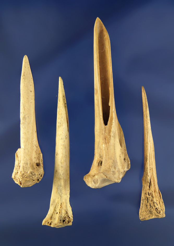 Set of four well styled bird bone Awls with very sharp points, largest is 3 11/16" found in Illinois