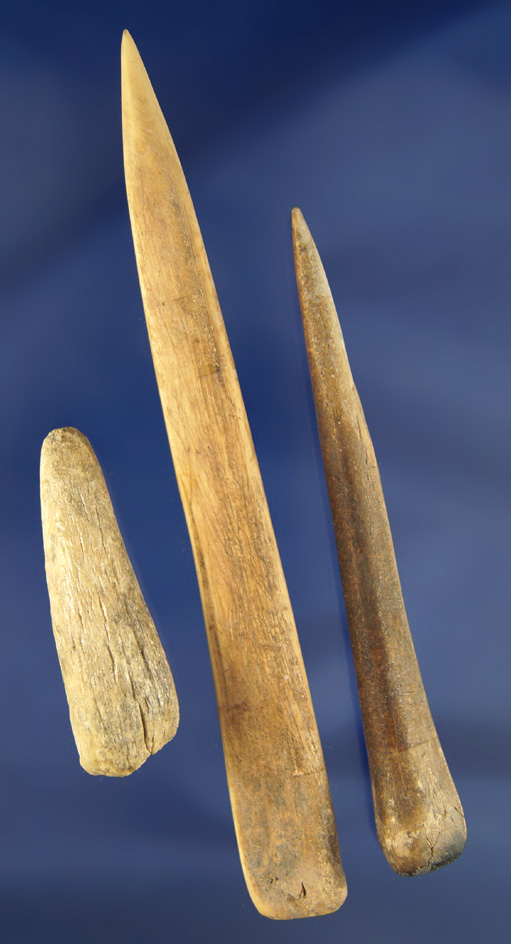 Set of three Bone Tools found in Kentucky, largest is a 5 5/8" awl.