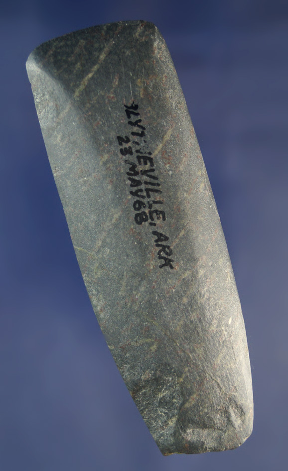 Rare style 3 3/4" Faceted Stone Celt that is well polished and nicely styled. Found in Blytheville,