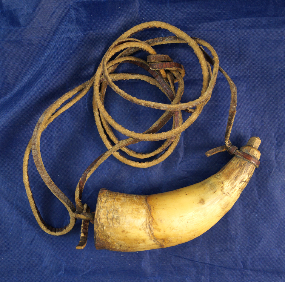 Early 1800s Priming Horn with wood plug and owners initials carved on top with original leather stra