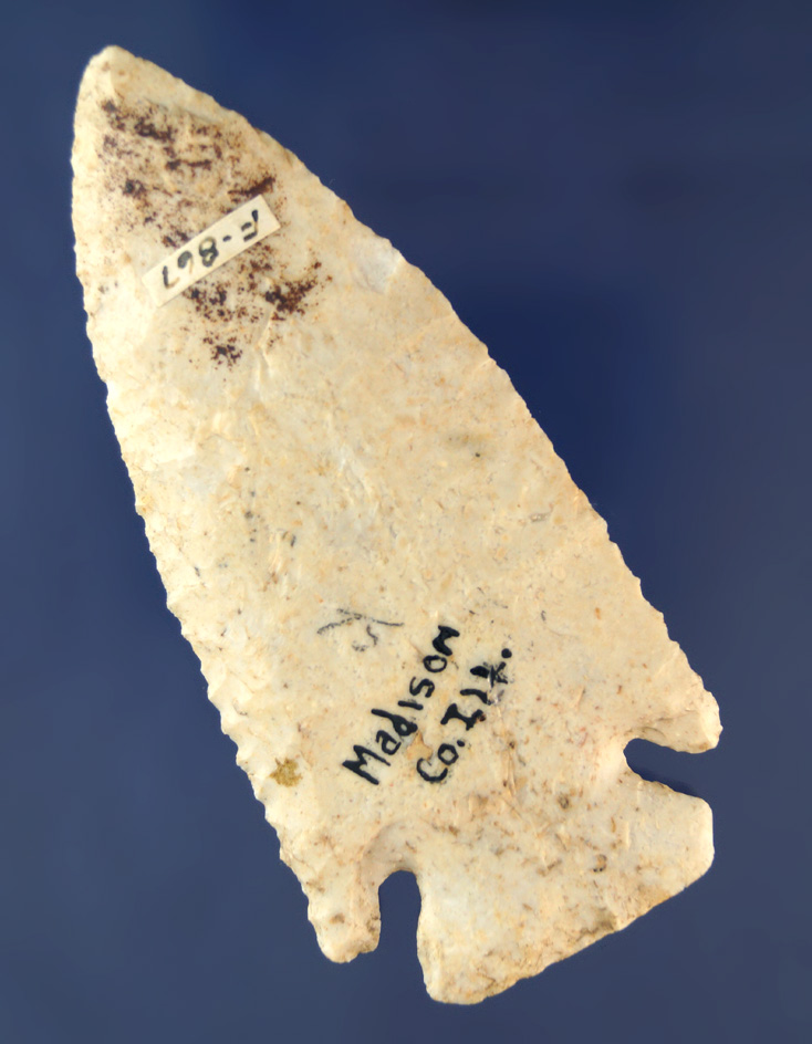 Well flaked and nicely styled 3 9/16" Archaic Bevel found in Madison Co., Illinois.