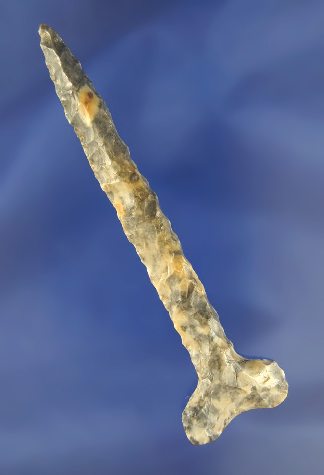 4 1/16" Archaic "T" Drill made from blue and cream Flint Ridge Flint  found in Delaware  Co.Ohio.