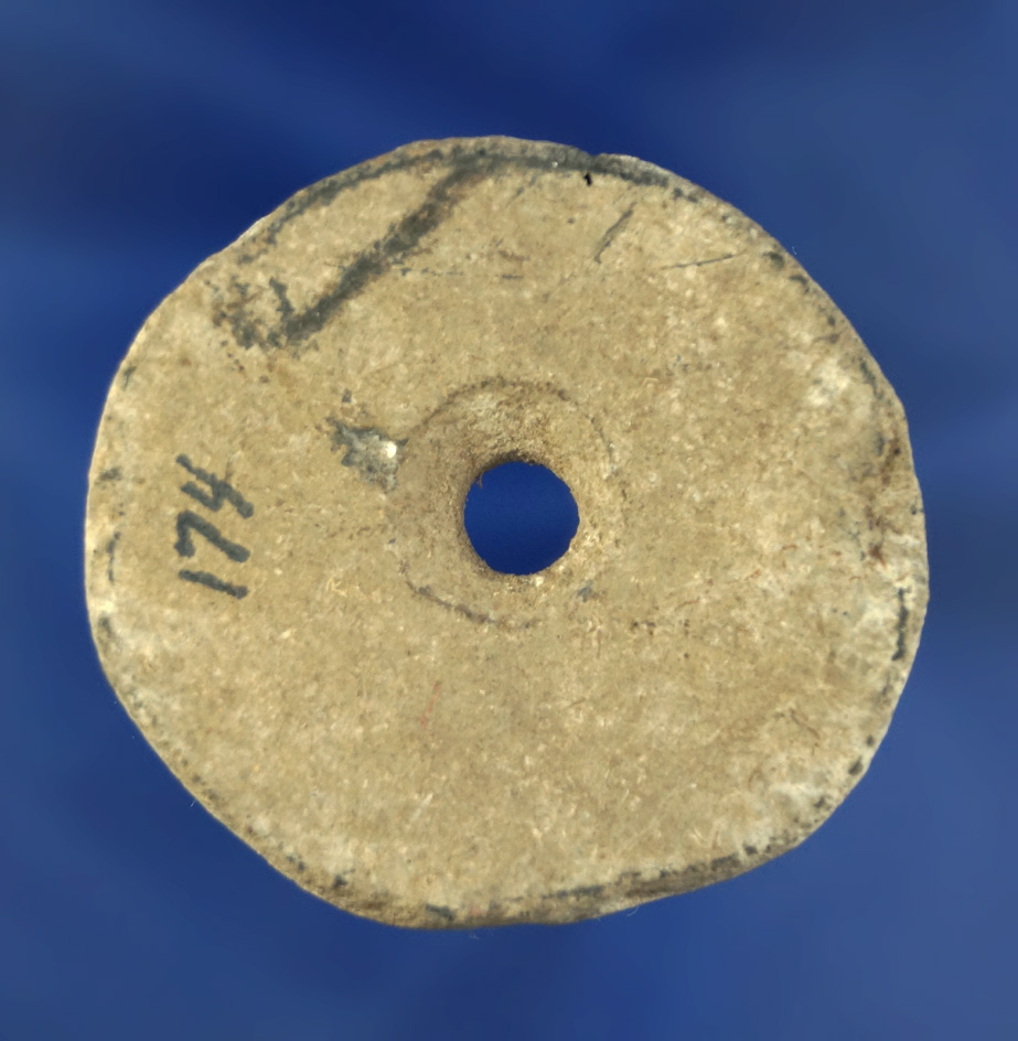 1 15/16" drilled Pottery Disc  found at the Fox Field site in Mason Co., Kentucky.