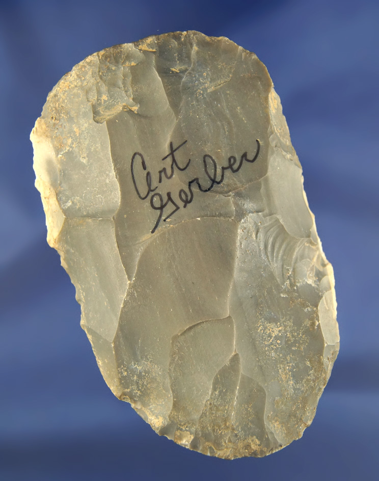 4 3/8" Hornstone Cache Blade found by Art Gerber at the Crib Mound, Spencer Co., Indiana. Signed