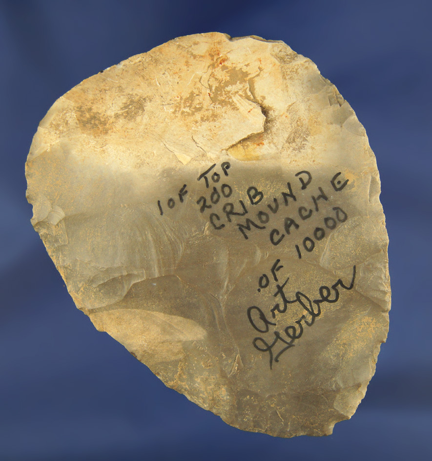 4 1/16" Hornstone Cache Blade found by Art Gerber at the Crib Mound, Spencer Co., Indiana. Signed