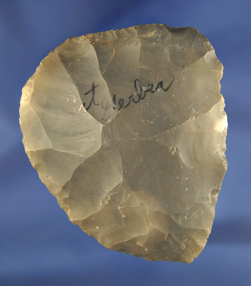 4 3/16" Hornstone Cache Blade found by Art Gerber at the Crib Mound, Spencer Co., Indiana. Signed