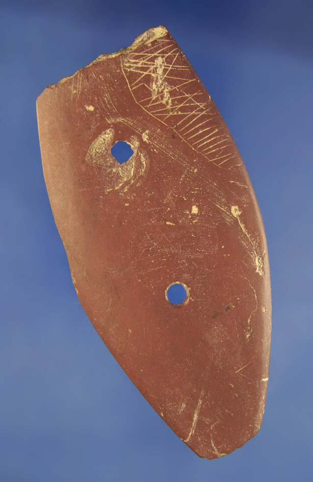 Nice Engravings! 4 3/8" Red slate Glacial Kame Gorget found near Pipe Creek in Erie Co., Ohio