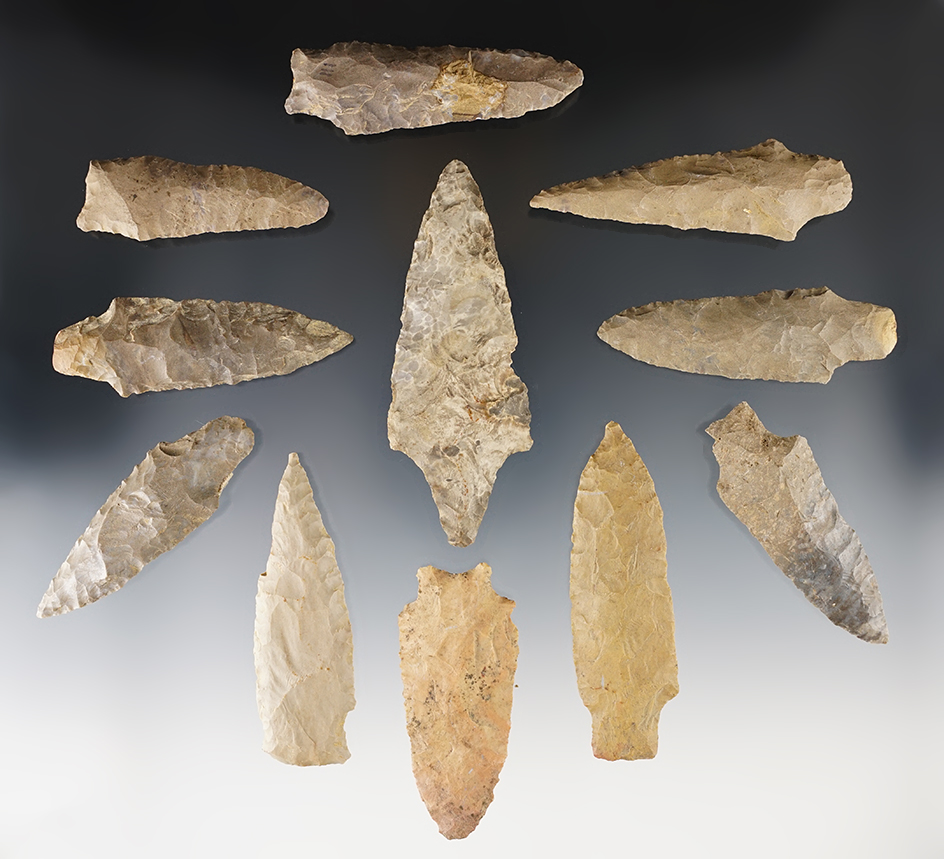 Set of 11 Alabama points that are well patinated. The largest is 3 7/8".