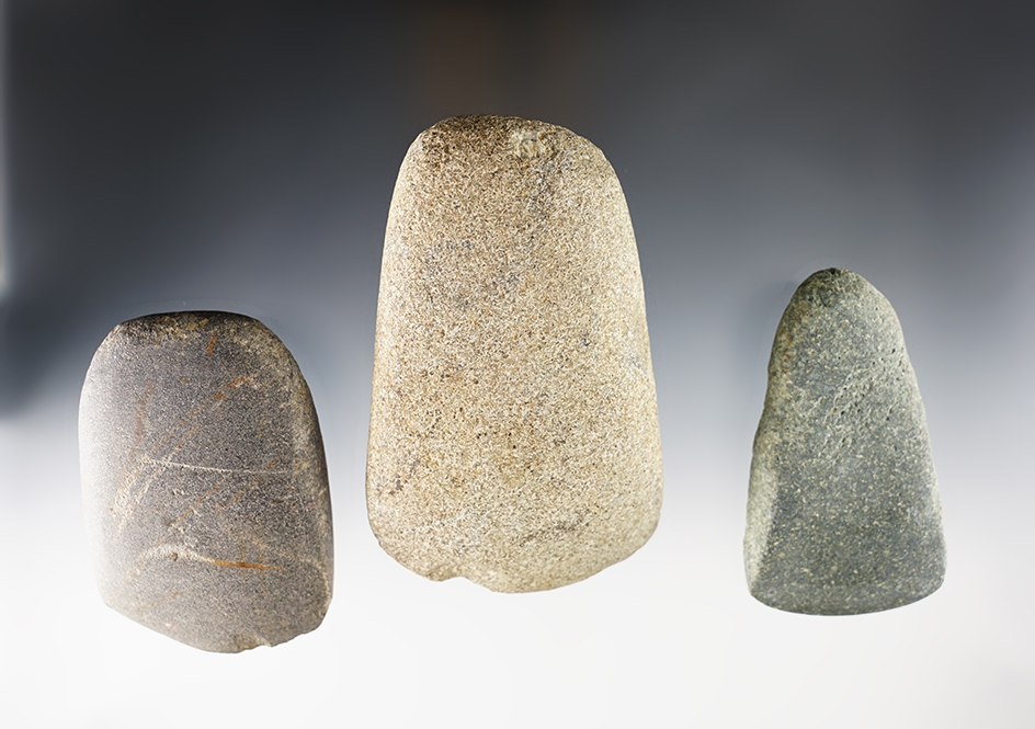 Set of three stone tools - two celts and one adze in nice condition. Ohio. Largest is 4 1/4".