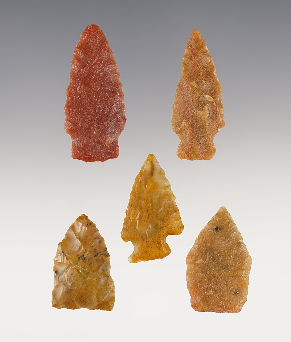 Set of 5 colorful Colorado points in excellent condition. The largest is 1 7/16".