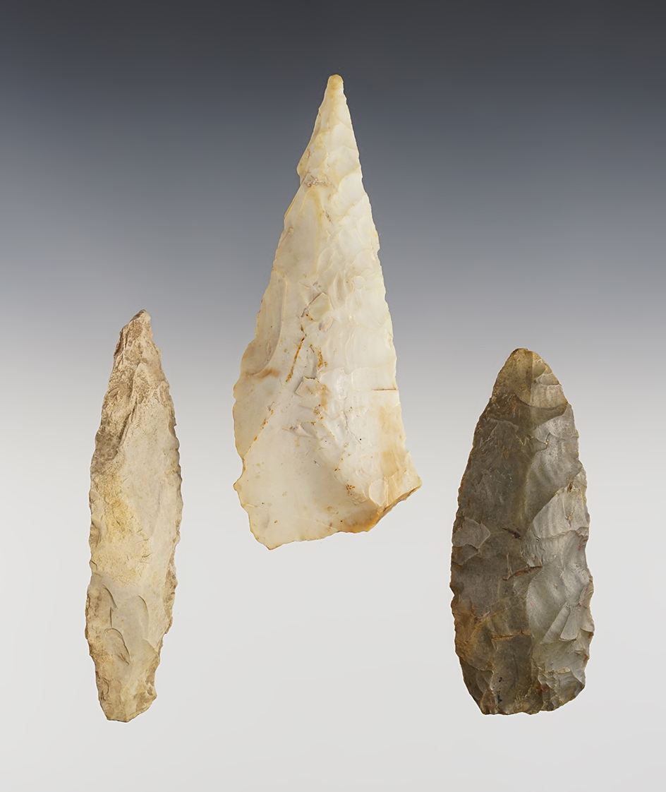 Set of 3 Knives found in Wabash Co., Indiana. Ex. Tom Boyll collection. The largest is 4".