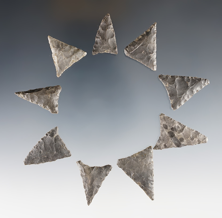 Group of nine well styled triangle arrowheads found near Genoa Fort, Cayuga Co., NY.