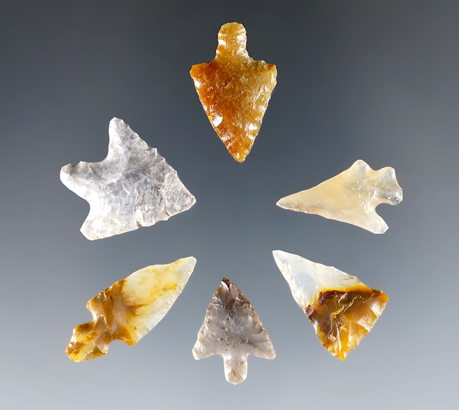 6 colorful Columbia River Gem points made from beautiful materials. Ex. Frank Wilkie Museum. 