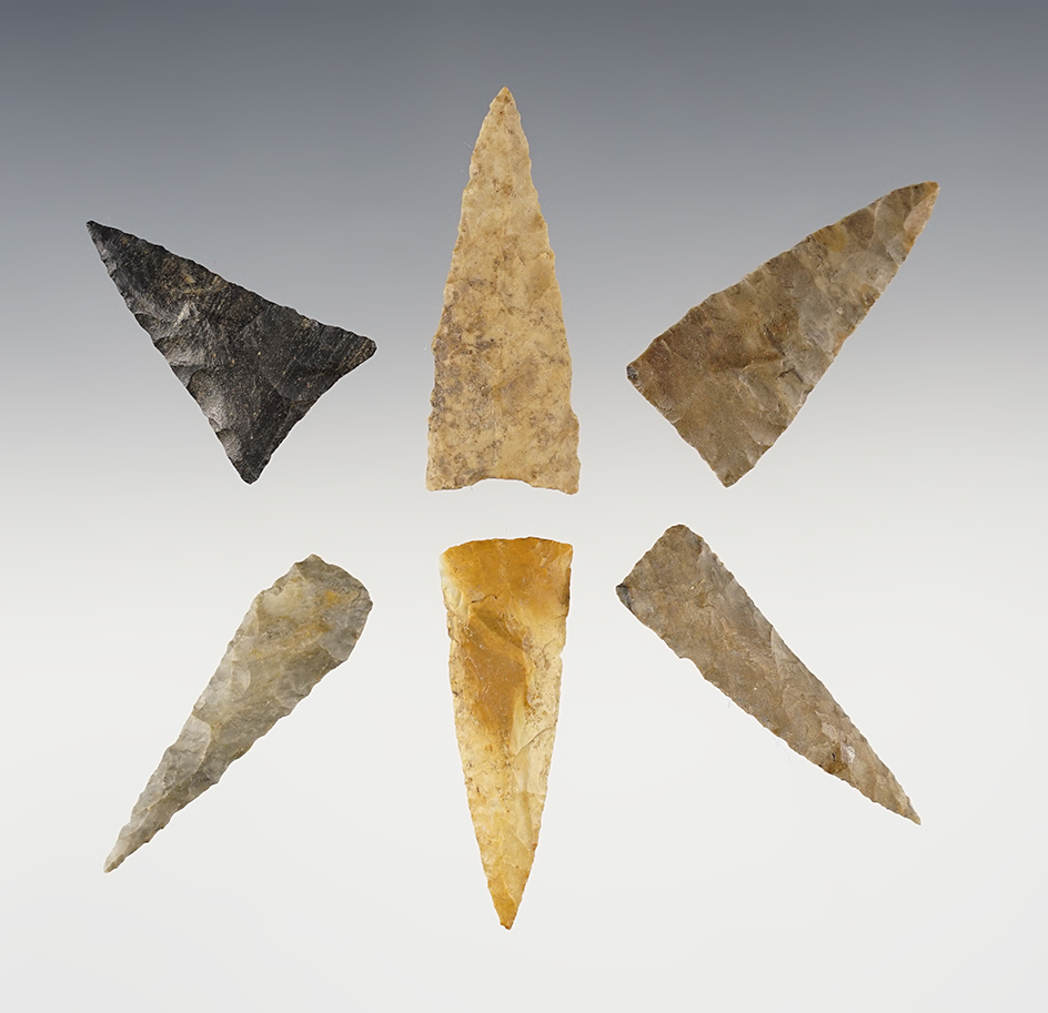 Set of 6 nicely made Triangles found in the Kentucky/Tennessee area. The largest is 2".