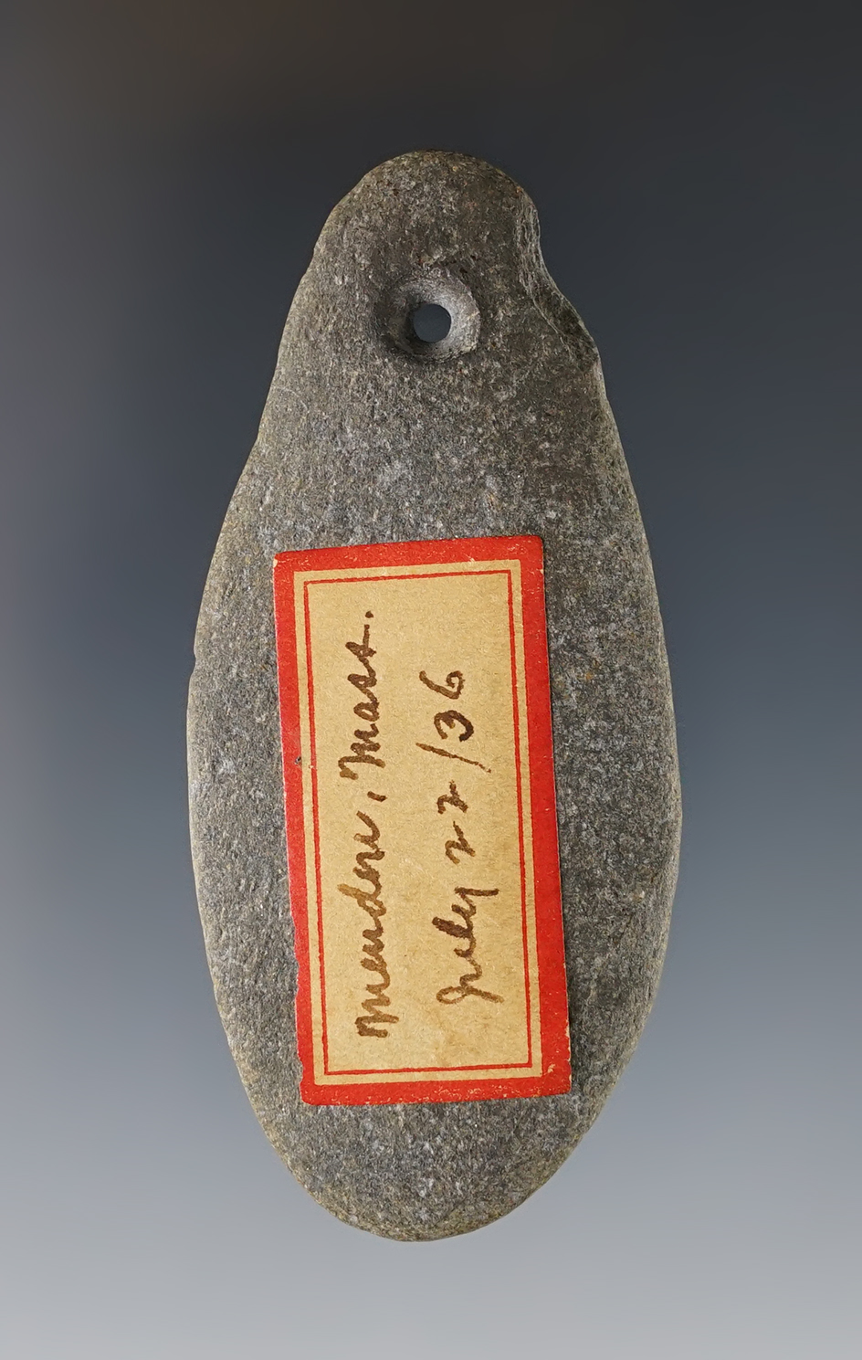 Unique 2 15/16" drilled stone pendant found in Massachusetts on July 22, 1936.