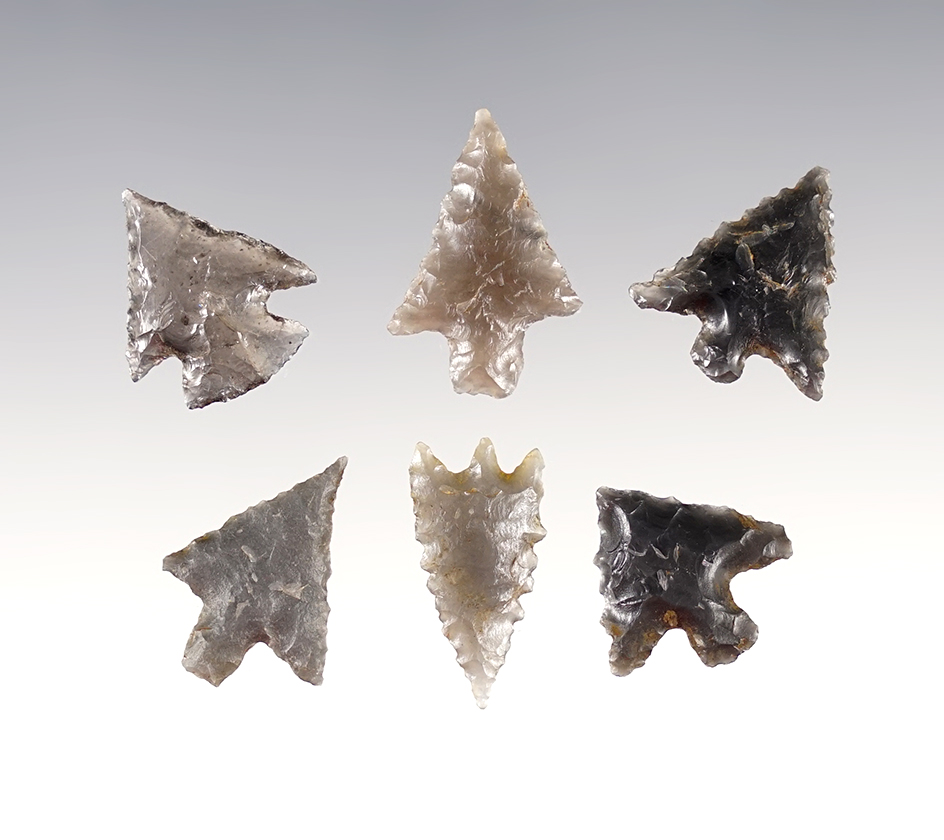 Set of 6 nice Obsidian points from the Columbia Plateau area. The largest is 15/16".