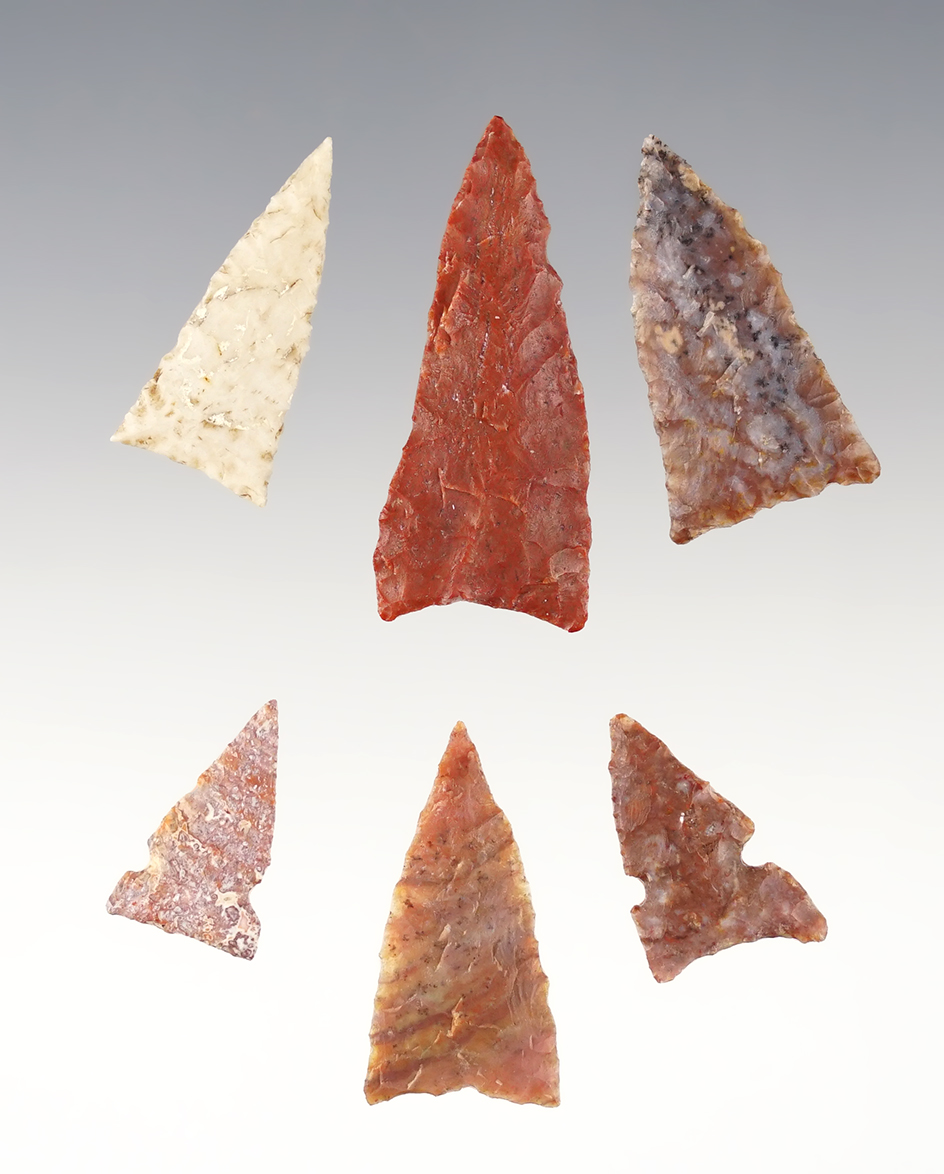 Set of 6 points from the Texas Panhandle made from Jasper and Alibates. Largest is 1 3/8".