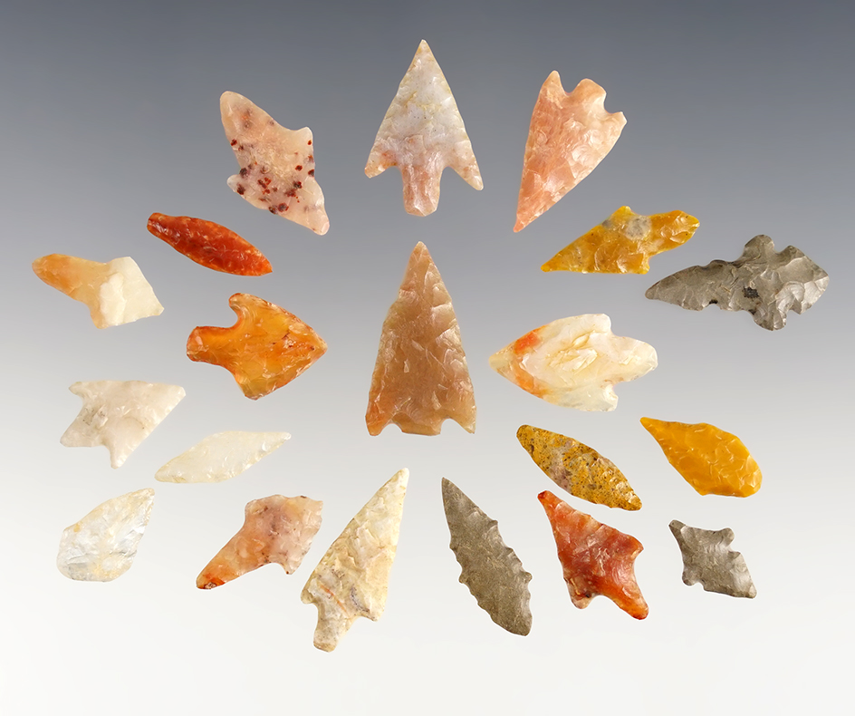 Set of 20 colorful African Neolithic points. The largest is 1".