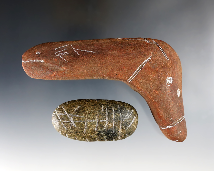 Pair of engraved stone artifacts - Ohio. McCall farm - Adams Co., Ohio. Ex. Dr. Meuser.