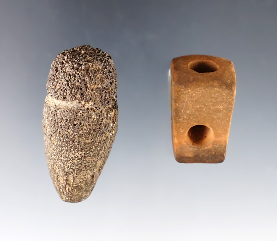 Two artifacts recovered in Arizona - 2 1/4" Grooved Plummet and a 1 5/16" stone pipe.