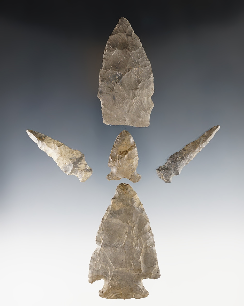 Set of five assorted Flint artifacts recovered in New York. Largest is 3 1/4".