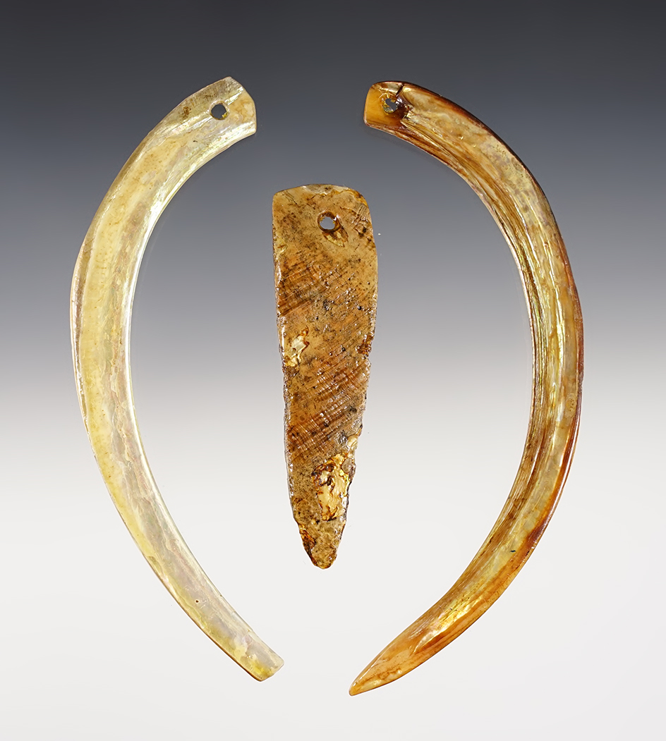 Three beautiful large shell ornaments found in Colusa Co., California. 