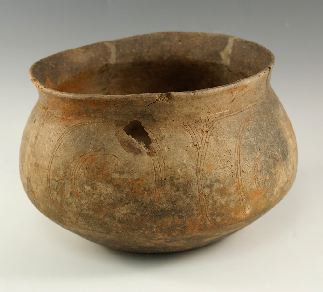 7 3/4" wide by 5" tall Poynor Engraved Jar (E. Texas) with one large reattach piece.