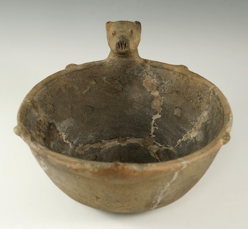 8" by 3 1/8" tall Bell Plain Mississippian Bat Effigy Bowl found in Mississippi Co., Arkansas