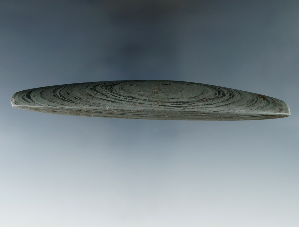 5 1/4" green banded slate Elliptical Bar Atlatl Weight in perfect condition found in Ontario Canada.